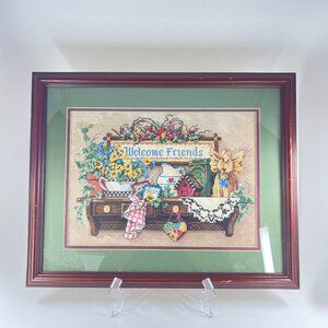 vintage framed cross stitch "welcome friends" wall art floral & rustic motif